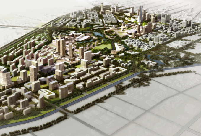 [北京]创新型世界城市多元化商贸试验区景观规划设计方案-景观鸟瞰效果图