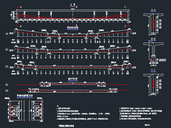 预应力连续t梁cad图资料下载-装配式预应力混凝土连续T梁预应力钢束布置图（L=25m）