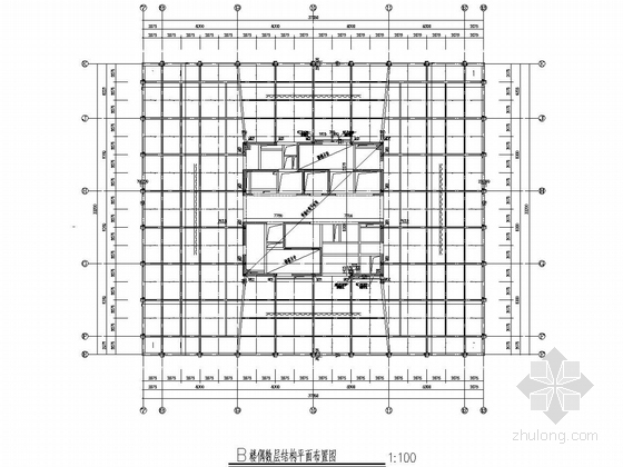 [上海]18层双塔网状钢框架核心筒结构办公楼结构图-B楼偶数层结构平面布置图