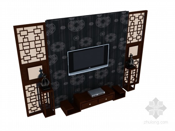 家装电视背景模型资料下载-中式电视背景墙3D模型下载