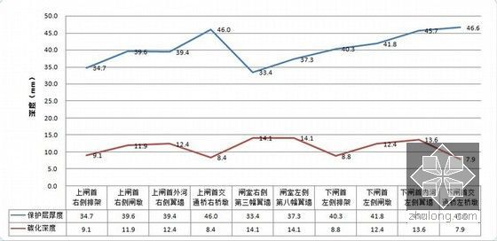 [上海]水闸现场安全检测分析报告（图文并茂）-构件混凝土碳化深度检测结果