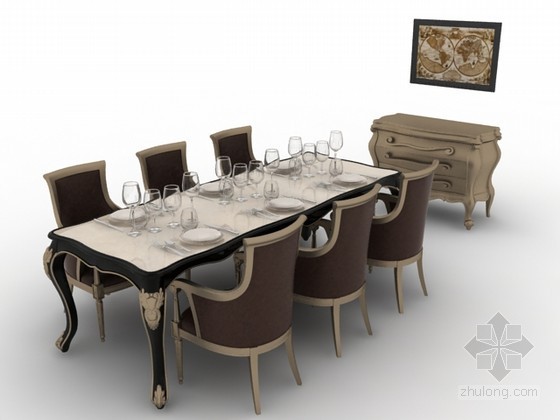 欧式餐椅3d模型资料下载-欧式餐桌椅组合3d模型下载