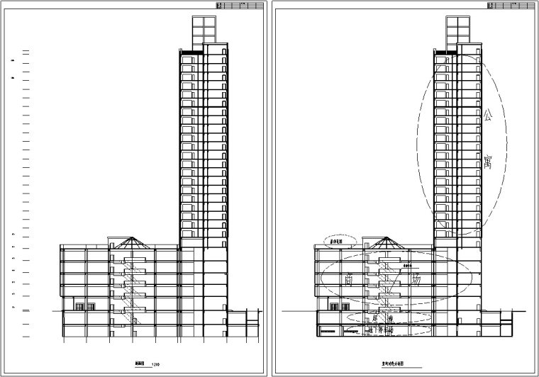 现代高层商住综合楼建筑设计施工图CAD-现代高层商住综合楼建筑设计剖面图