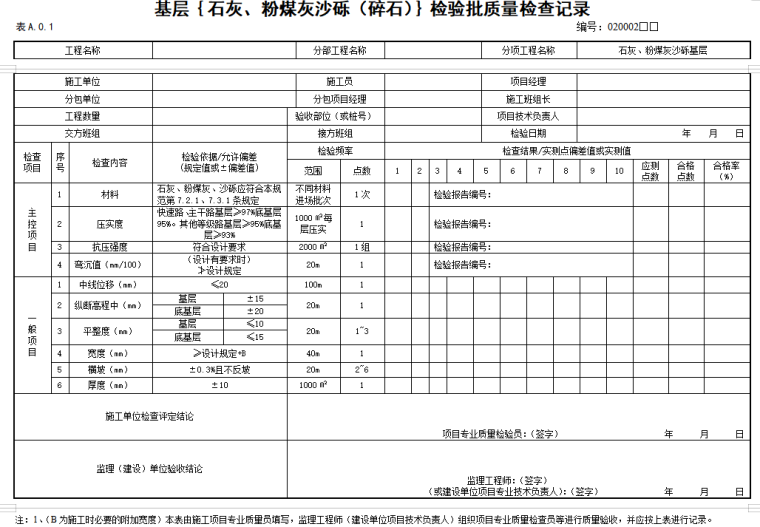 市政道路工程监理资料表格全套-基层｛石灰、粉煤灰沙砾（碎石）｝检验批质量检查记录