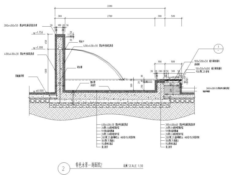特色方形喷泉水景设计详图——知名景观公司景观-特色水景剖面图