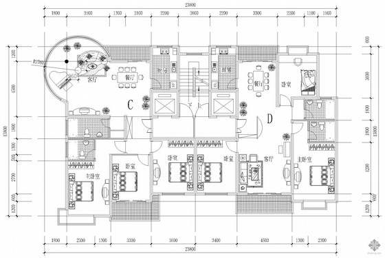 七层住宅户型图资料下载-板式高层一梯两户户型图(144/139)