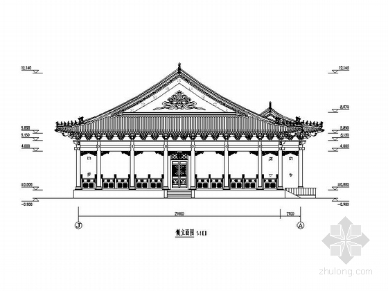 一层歇山式仿古建筑游客中心建筑施工图-一层歇山式仿古建筑游客中心建筑立面图