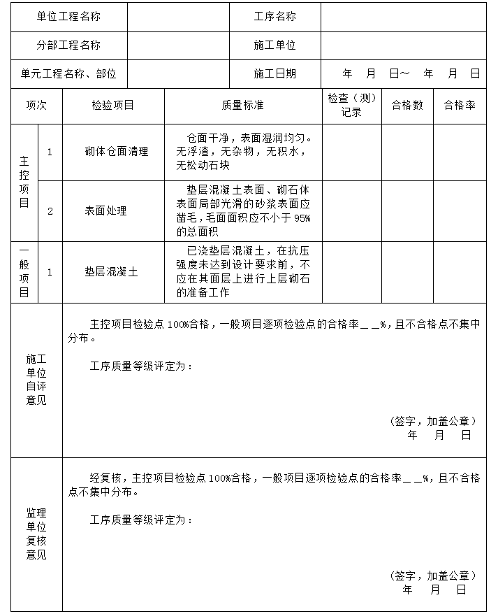 2013水利水电工程施工质量验收评定表及填表说明-2 水泥砂浆砌石体层面处理施工质量验收评定表