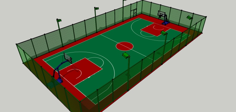 cad篮球场平面图资料下载-[景观su]标准的篮球场带铁丝网围栏SU模型.skp