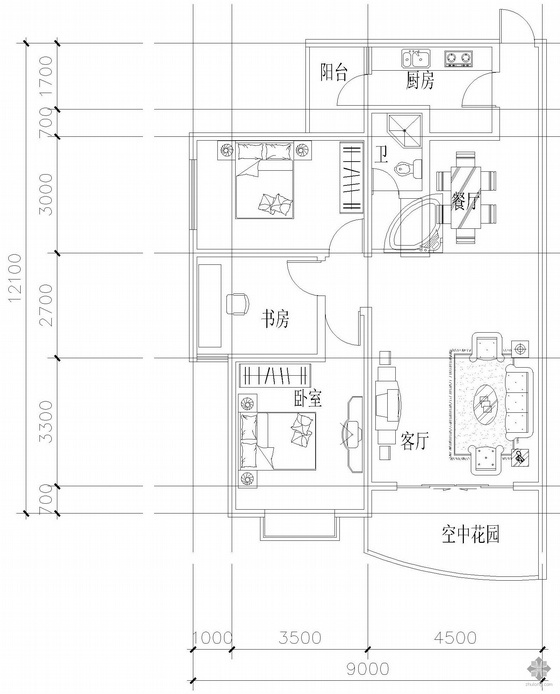 户型图一室一厅一卫资料下载-板式多层单户三室二厅一卫户型图(111)