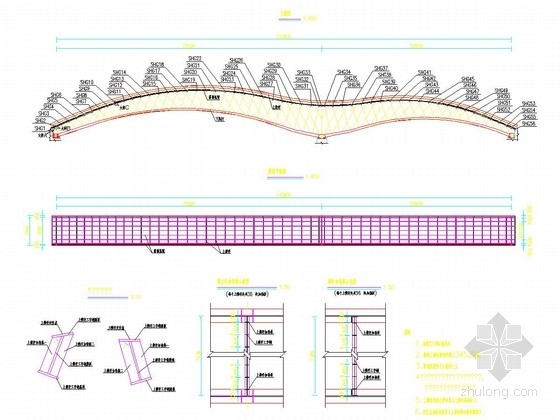 [山东]桥长120m钢桁架结构海鸥形拱桥设计图纸55张-上横杆放样图 