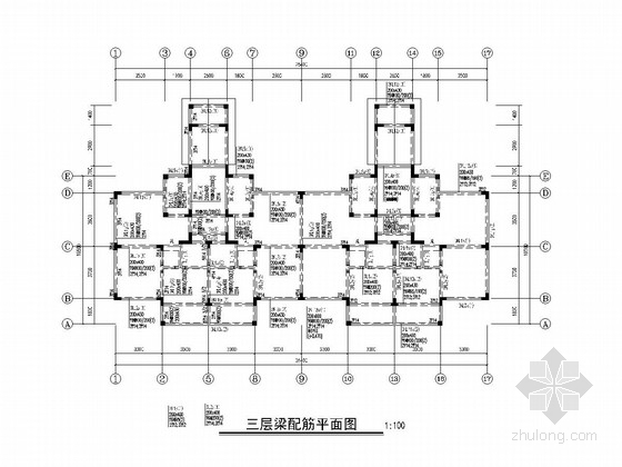 [山东]两栋7层异形柱框架结构安置房结构施工图-三层梁配筋平面图 