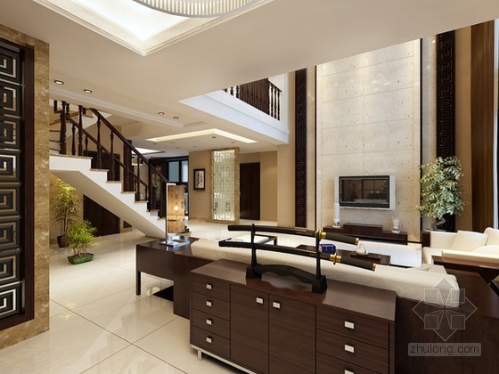 中式别墅su模型资料下载-现代中式别墅室内效果图3D模型