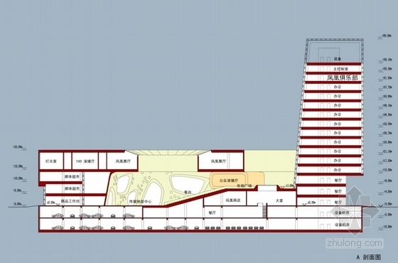 [北京]16层呼吸式玻璃幕墙体系知名传媒中心建筑设计方案文本（国内知名建筑事务所）-办公楼剖面图