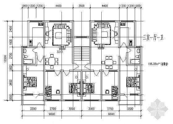 三室一厅住房设计图纸资料下载-三室一厅一卫（106.33平方米）