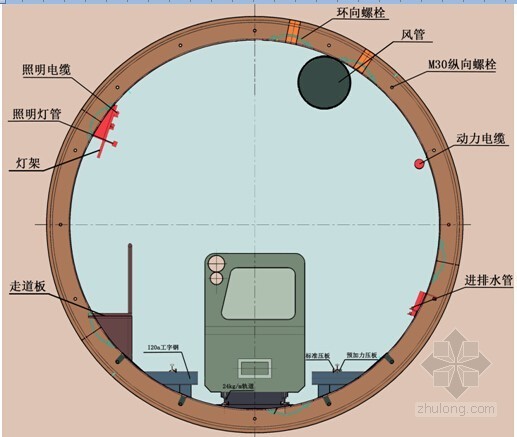 [浙江]粉土粘土区土压平衡盾构地铁区间及冻结法联络通道施工组织设计A3版135页-隧道断面布置示意图 