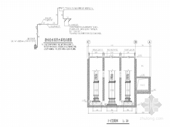 [浙江]市政小区管网施工图157张（管线泵站公厕 建筑落水管）-潜水给水泵供水系统示意图