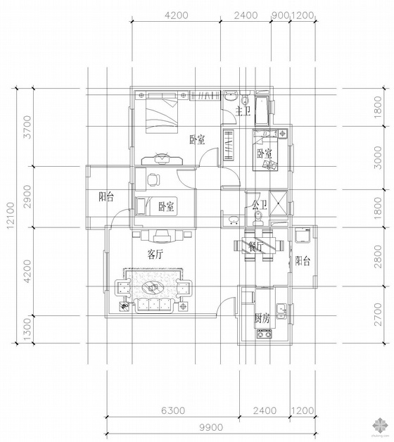 24层三室户型资料下载-板式多层单户三室二厅二卫户型图(105)