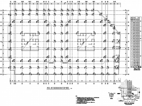 [四川]两栋25层框架核心筒结构办公大楼结构施工图-基顶～地下室顶板标高柱平面布置图 