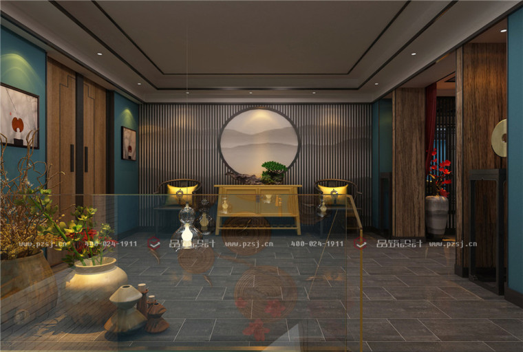 无法抗拒的新中式之美，抚顺·食色主题餐厅设计效果图-1.楼梯共享区.jpg