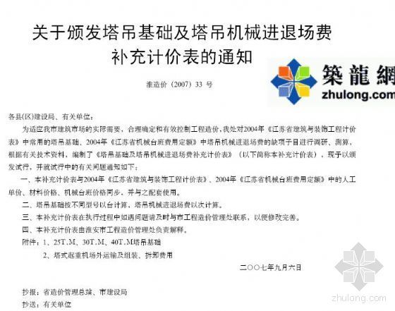 机械进退场管理项目资料下载-淮安市2007年塔吊基础及塔吊机械进退场费补充计价表