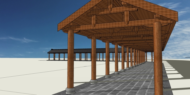 SKP古建长廊模型，CAD古建长廊建施图-贵州游廊su仰视图.jpg