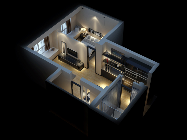 居室阳台3D模型资料下载-现代小居室3D模型下载