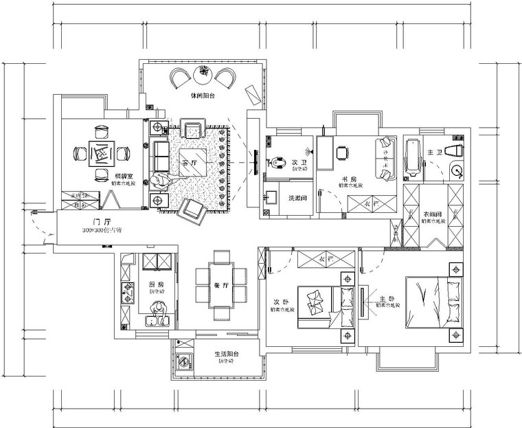 [上海]126㎡四居室内部装修全套施工图设计（附高清效果图）-一层平面布置图