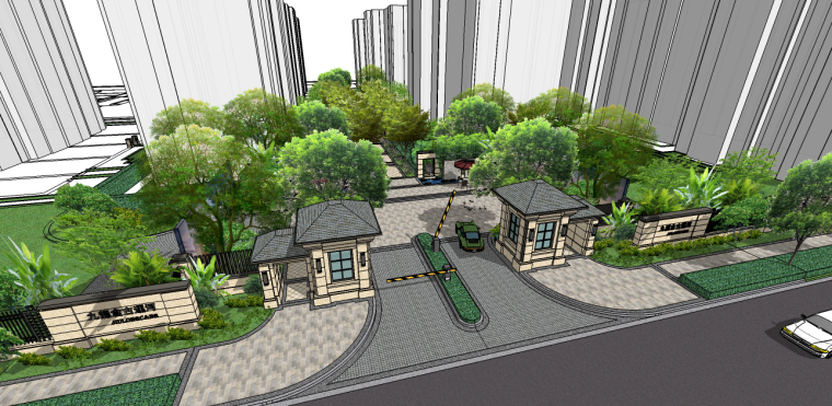 高层新中式居住区su资料下载-新中式居住区示范区景观su模型