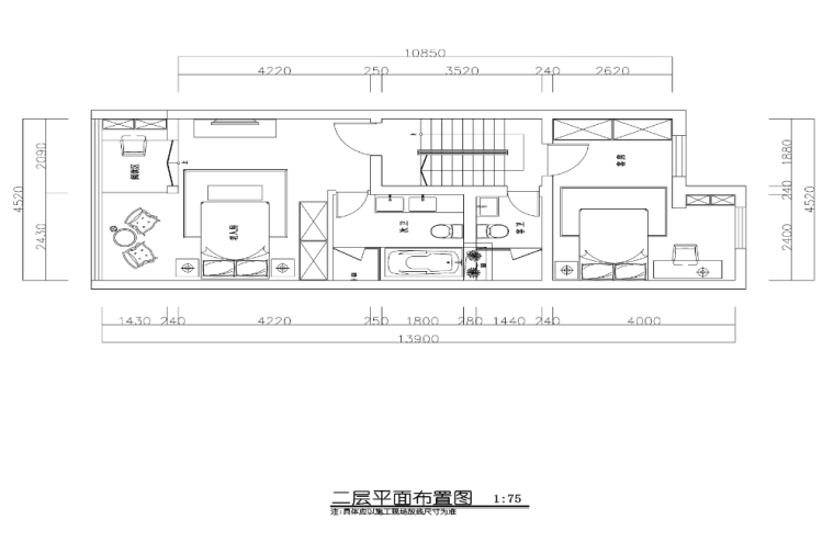 [上海]某美式田园风格别墅装修施工图-二层平面布置图
