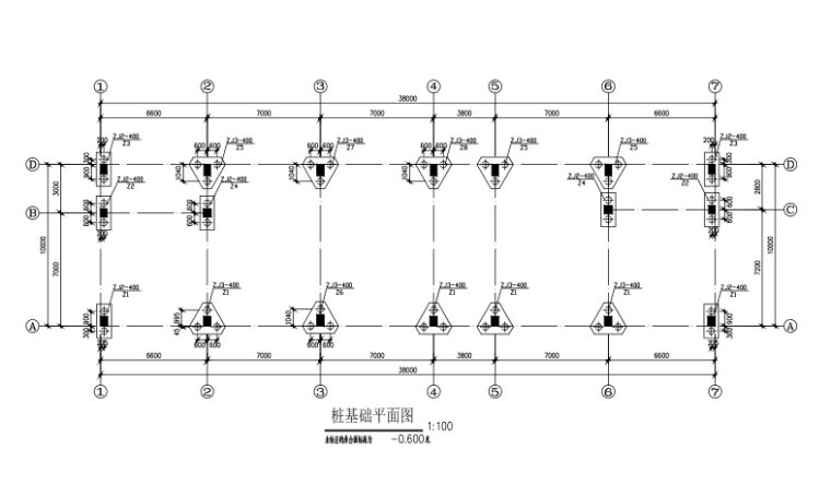 四层框架结构办公楼结构施工图（CAD、14张）-桩基础平面图