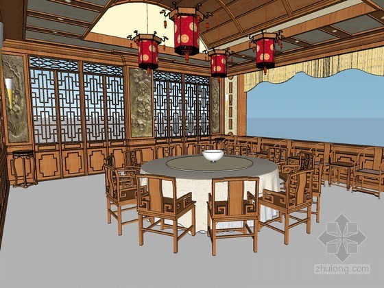 中式宴会厅SketchUp模型下载-中式宴会厅 