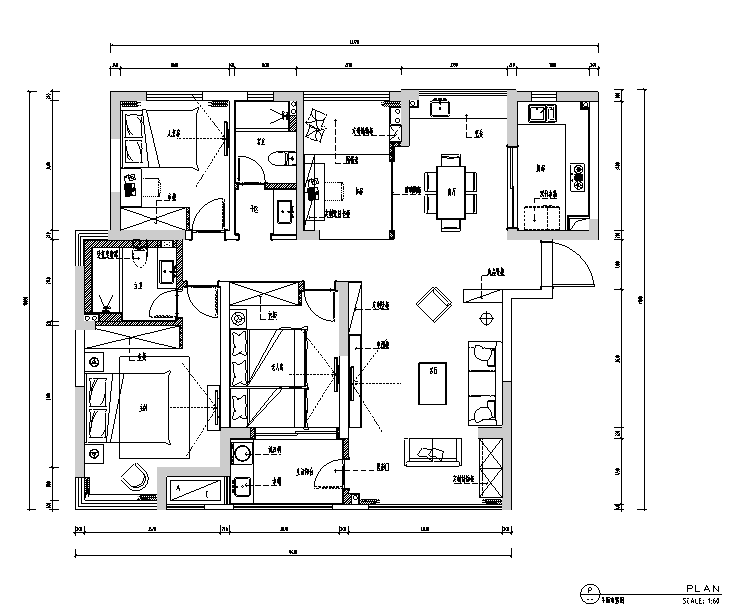 简约三居室住宅设计施工图（附效果图）-平面布置图