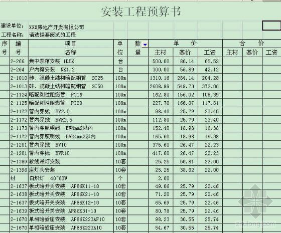 小区供电工程预算资料下载-某小区水电工程预算书（摸钣）