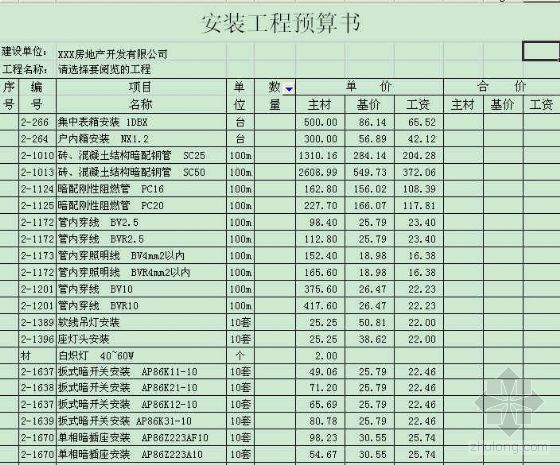 高层小区水电工程预算资料下载-某小区水电工程预算书（摸钣）