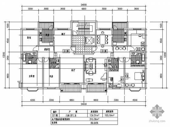 一梯三户高层建筑户型图资料下载-板式高层一梯二户户型图（155/155）