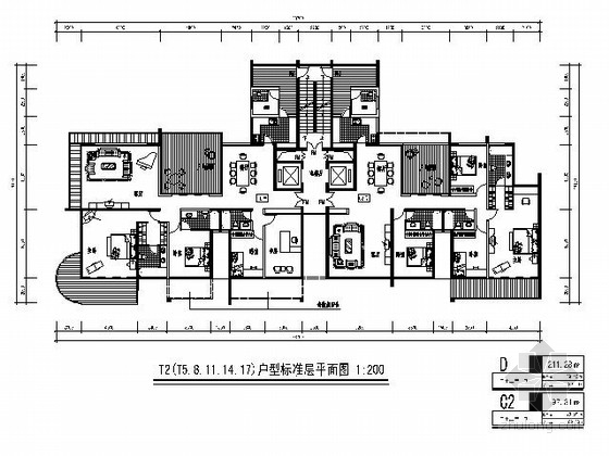 200平方联排户型资料下载-[北京]某高层二梯二住宅楼户型图（200平方米）