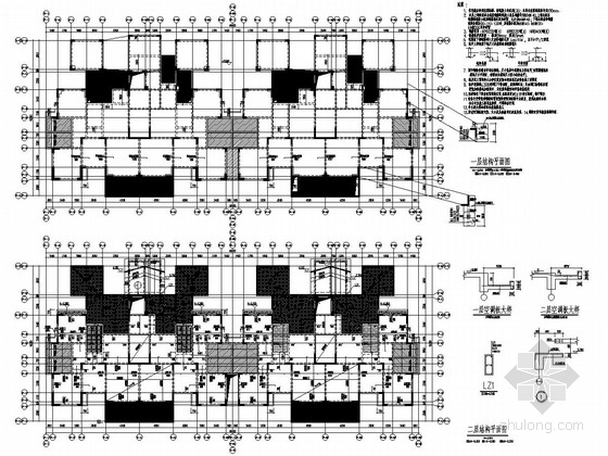 [四川]地上6+1层异形柱框架-剪力墙结构住宅楼结构施工图-3栋一层及二层结构平面图 