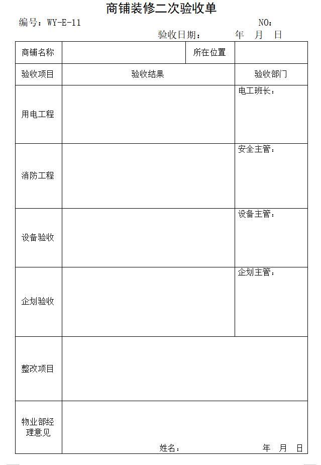 房地产物业管理手册（附表格）-商铺装修二次验收单