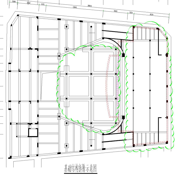 [上海]框架结构改造项目施工组织设计（168页）-基础结构拆除示意图