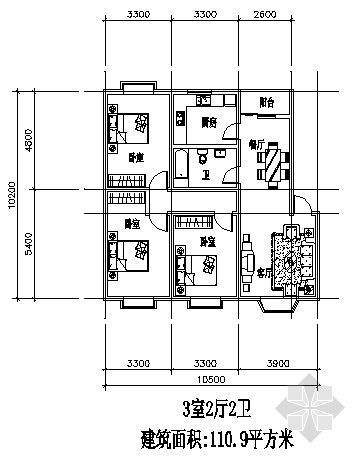 三室两厅两卫户型图装修资料下载-三室两厅一厨两卫110.9平方米