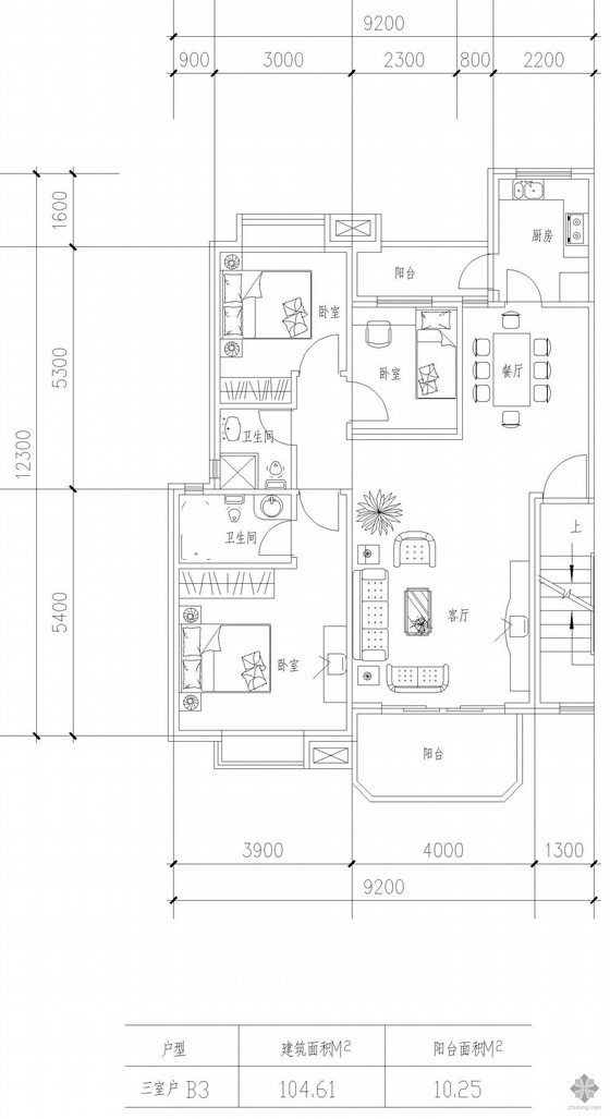 三室一厅CAD原始图图资料下载-板式高层三室一厅单户户型图(104.6)