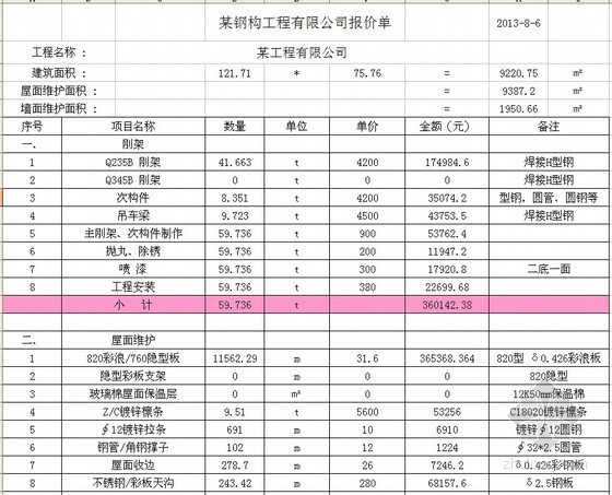 钢结构工程造价表资料下载-钢结构工程成本估算及报价表（EXCEL速算表格）