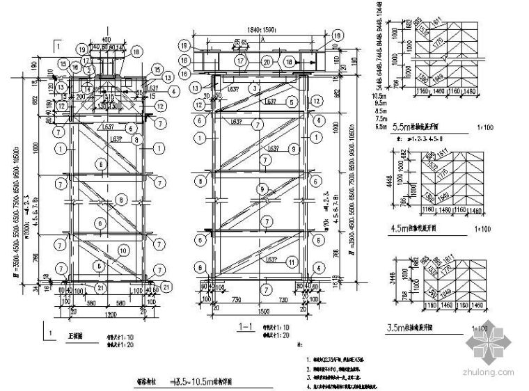 格构柱与混凝土节点cad资料下载-某钢格构柱H=3.5～10.5m结构节点构造详图