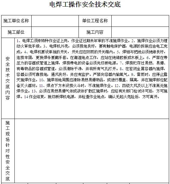 上海技术交底表格资料下载-电焊操作安全技术交底（表格）