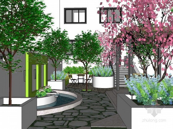 小庭院假山景观设计资料下载-小庭院景观设计SketchUp模型下载
