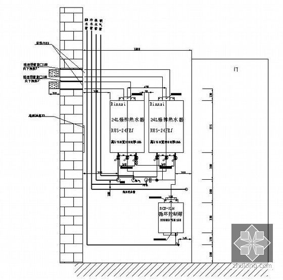[内蒙古]高档住宅区给排水消防施工图423张（3个生活区、地下室、37万平方米）-24L热水器+循环装置连接