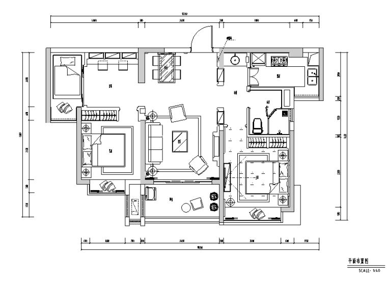 东部现代城三居室样板房设计施工图（附效果图）-平面布置图