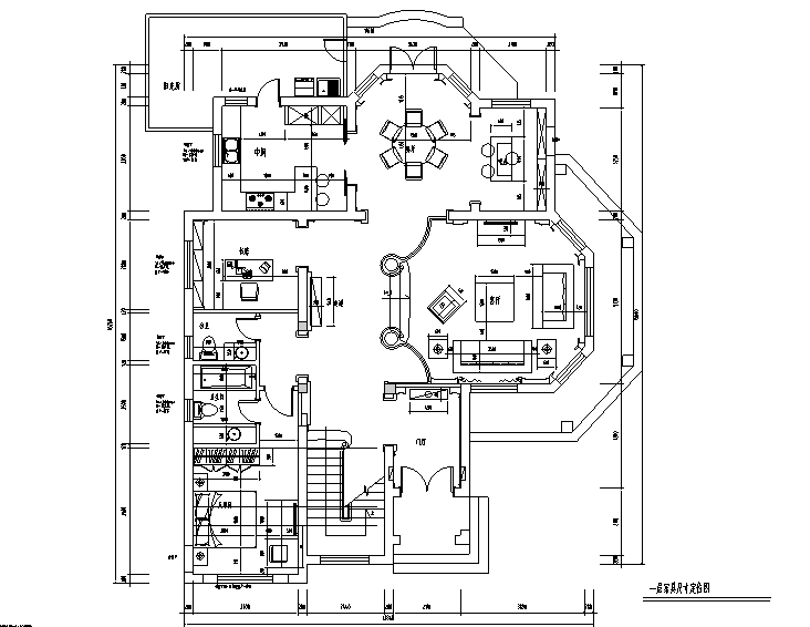 欧式雅致奢华300平米独栋别墅设计施工图（附效果图）-一层家具尺寸定位图
