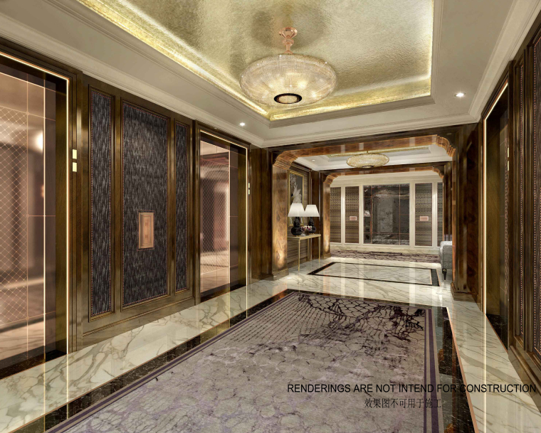 [哈尔滨]丽思卡尔顿酒店电梯厅&客房施工图-电梯厅走道效果图